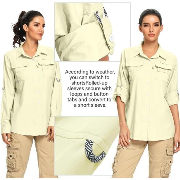 Women's UPF 50+ UV Sun Protection Safari Shirt, Long Sleeve Outdoor Cool Quick - Picture 3 of 7